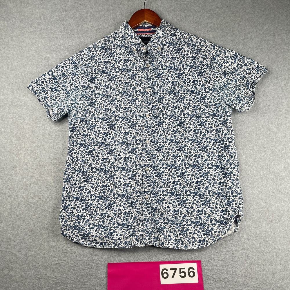 Denim & Flower Shirt Navy Blue White Floral Print Button Up Short Sleeve Large